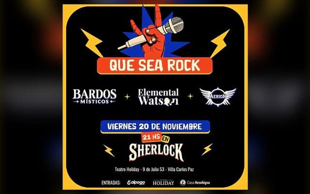 Flyer de Que Sea Rock: Bardos Místicos, Elemental Watson y Aerion en Sherlock, Teatro Holiday, viernes 20 de noviembre